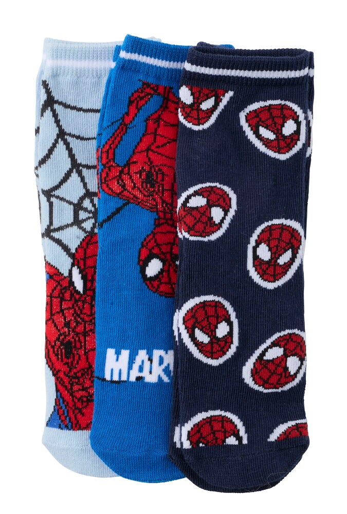 Strümpfe Kinder 3 er-Pack in Hellblau mit Spinnennetz, Blau mit Spiderman und Dunkelblau mit Spiderman-Köpfen.