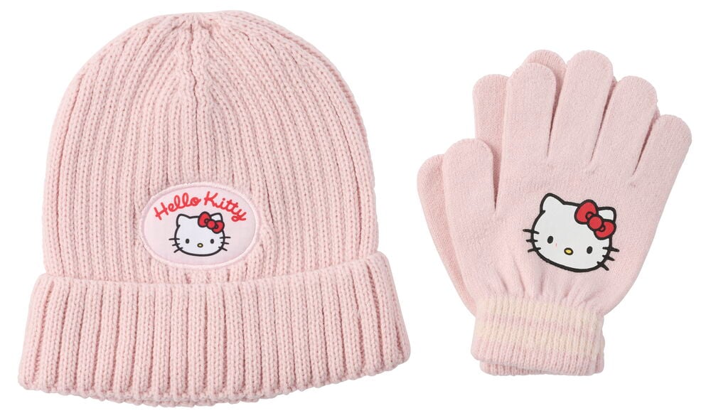 Rosa stickad Hello Kitty mössa och matchande vantar med Hello Kitty ansikte.