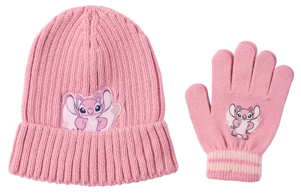 Rosa stickat barnmössa och vantar set, båda med rosa Angel-märke; vanten har randig mudd.