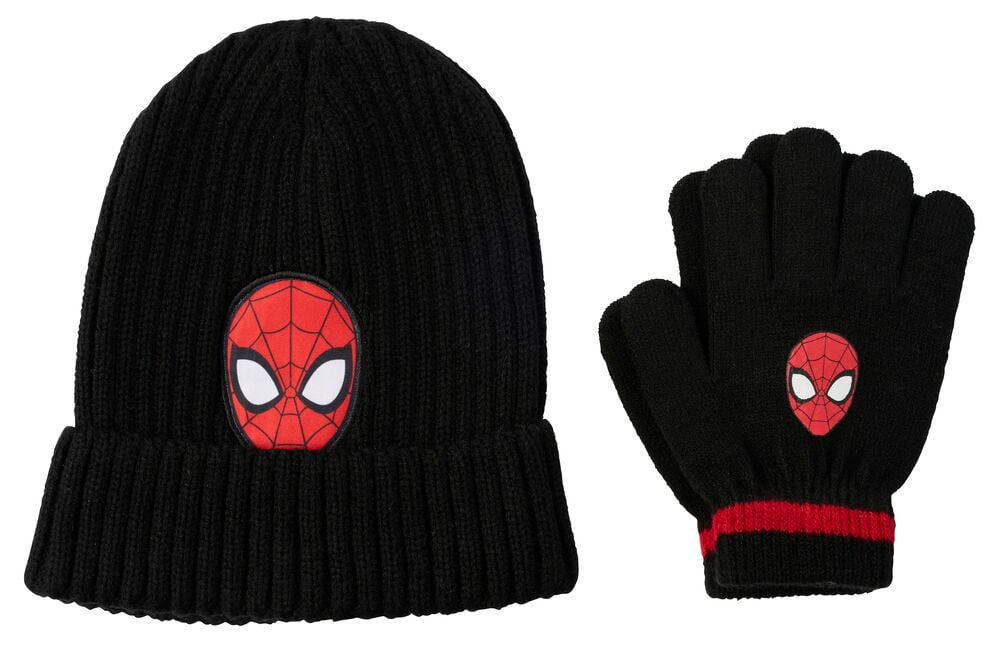 Svart stickad mössa med Spiderman-märke, parat med svarta stickade Spiderman-vantar från Barnmössa och vantar, set One size.