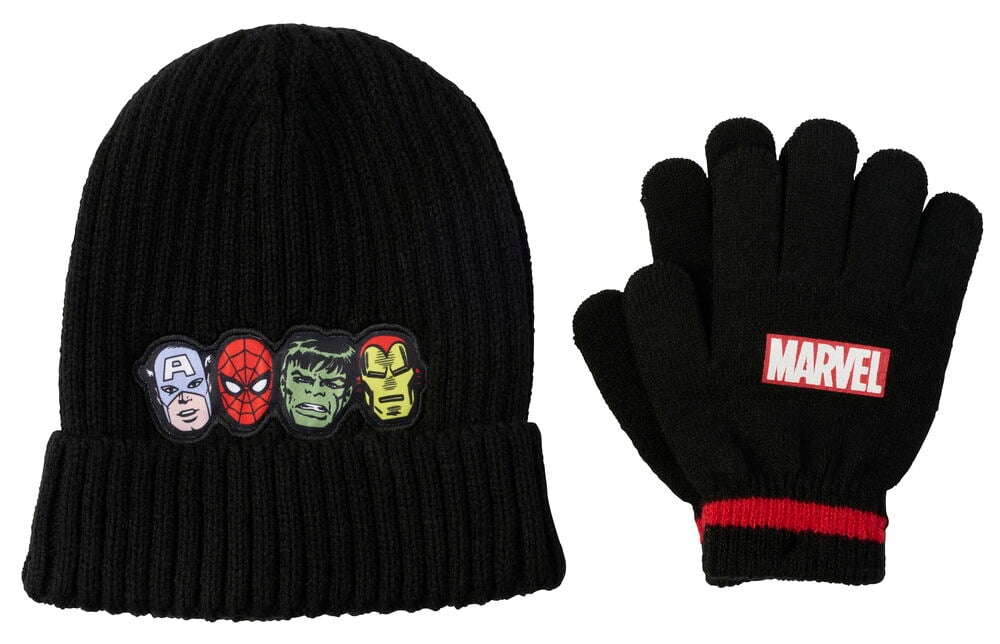 Barnmössa och vantar, set. Svart mössa med Marvel-karaktärsmärken och svarta vantar med röd logga.