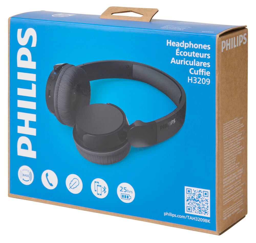 On-ear trådlösa hörlurar Philips Svart TAH3209BK i en blå och brun produktlåda.