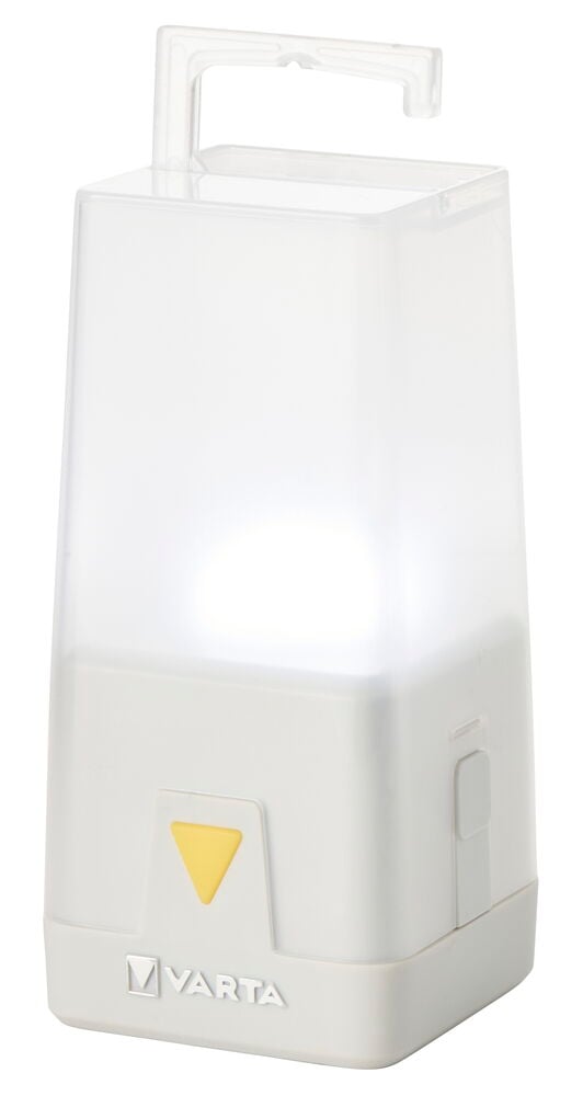 Vit Campinglykta Varta Outdoor Ambiance L10 LED med lysande ljus, genomskinligt handtag och gul knapp.