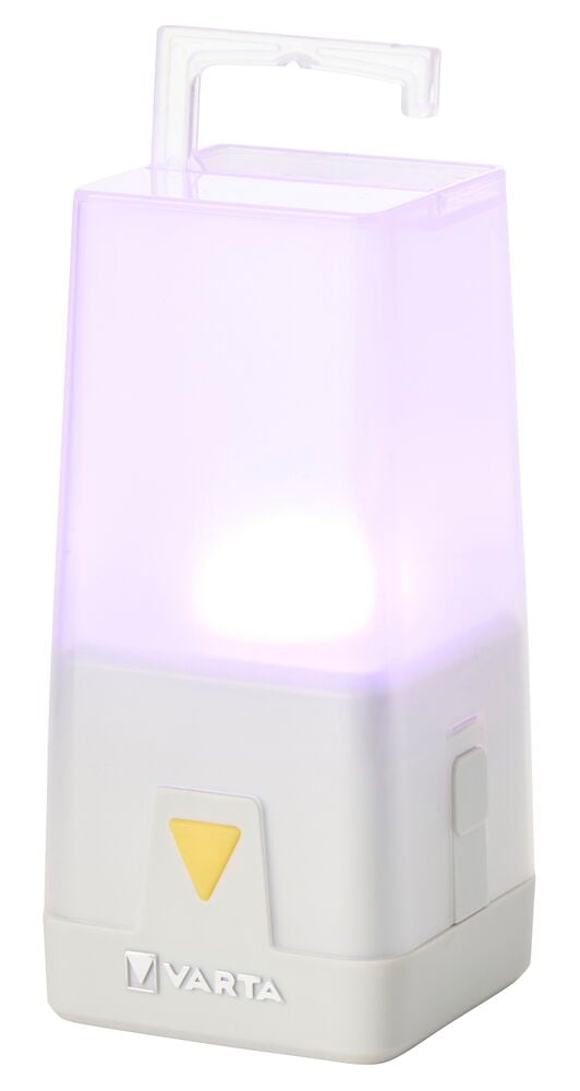 Campinglanterne Varta Outdoor Ambiance L10 LED, hvit med gjennomsiktig topp, gul knapp, klart håndtak.