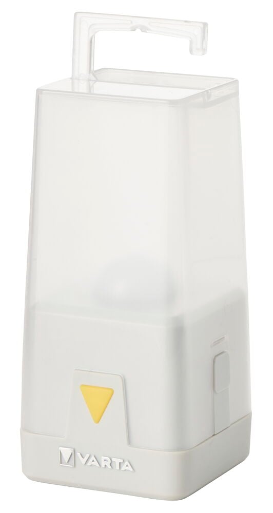 Vit och genomskinlig Campinglykta Varta Outdoor Ambiance L10 LED med en gul knapp och övre krok.