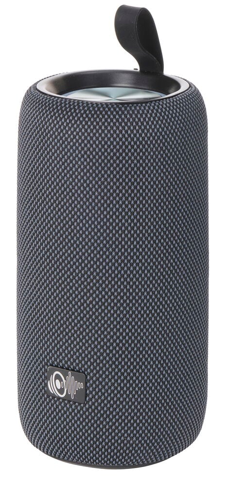 En mörkgrå cylindrisk Bluetooth-högtalare 16 W Med LED-belysning, tygklädd, med svart rem och logotyp.