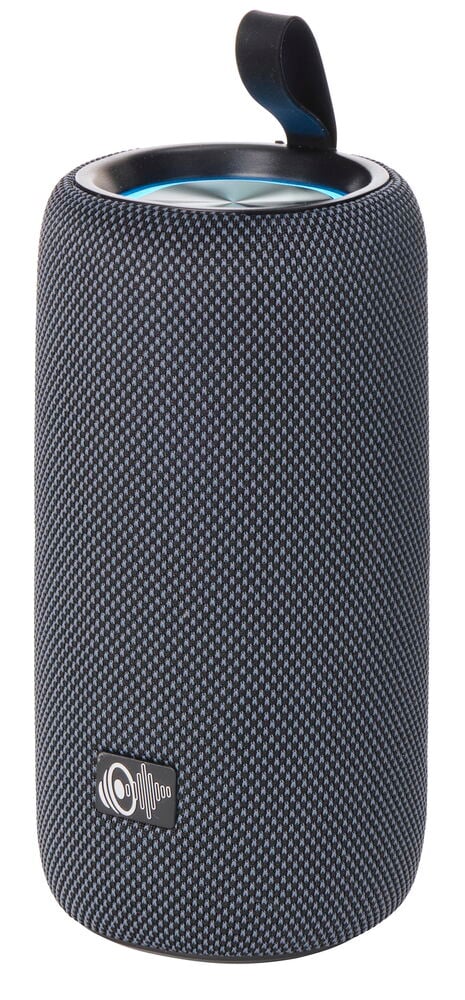 Mörkgrå tyg Bluetooth-högtalare 16 W Med LED-belysning, cylindrisk med svart rem och blå LED-lampa på toppen.