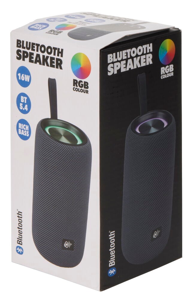 Två mörkgrå Bluetooth-högtalare 16 W med LED-belysning, visade i produktförpackningar.