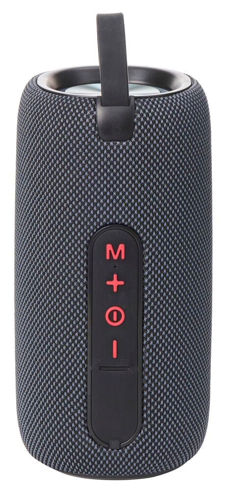 Mörkgrå cylinderformad Bluetooth-högtalare med svart handtag och röd belysta kontroller.