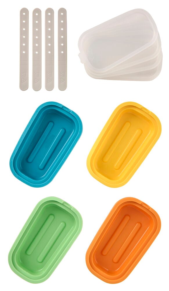 Glassformar, set 95 ml, 4 delar: blå, gul, grön, orange formar, vita pinnar, genomskinliga lock.