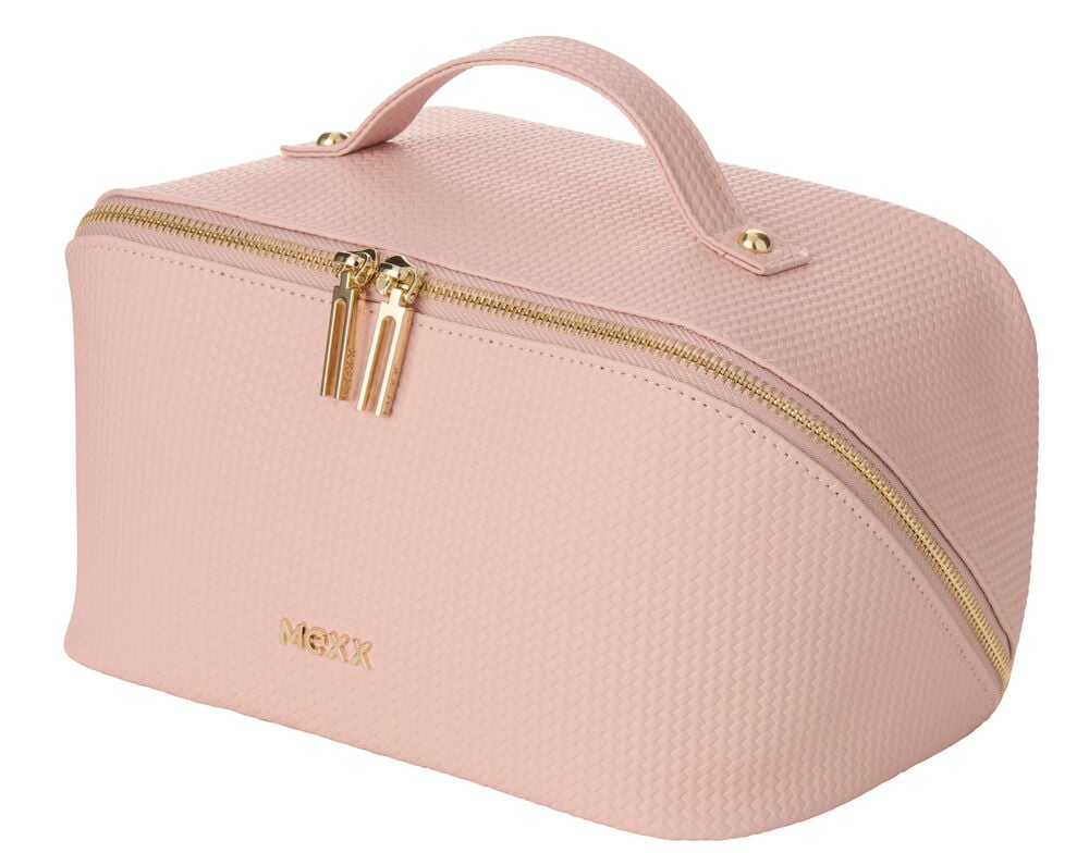 Necessär Mexx 26x15x13 cm: rosa texturerad rektangulär väska med guldfärgade dragkedjor och handtag.