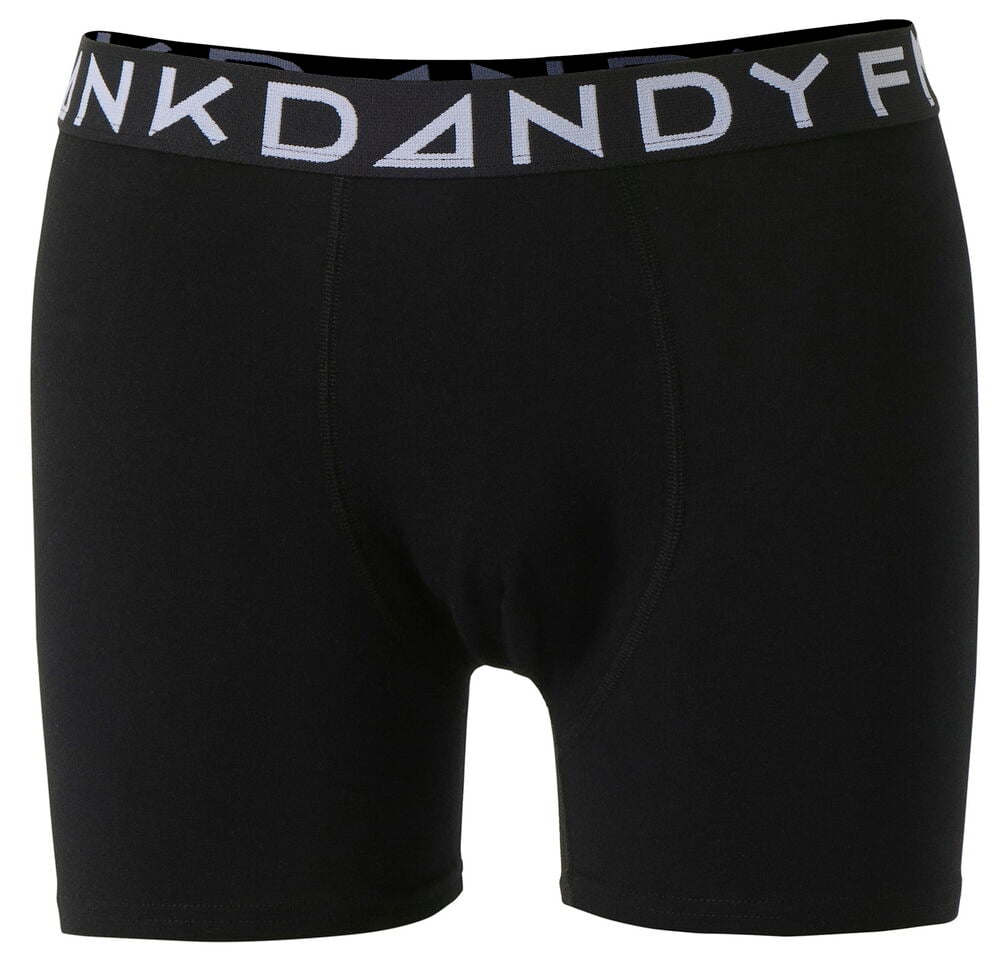 Frank Dandy mustat miesten bokserit harmaalla vyötärönauhalla ja valkoisella 'NKDANDYF'-tekstillä, edestä.