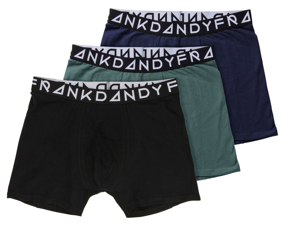 3-pack Bokserit Frank Dandy XL, väreinä musta, vihreä ja sininen, brändätyllä vyötärönauhalla.