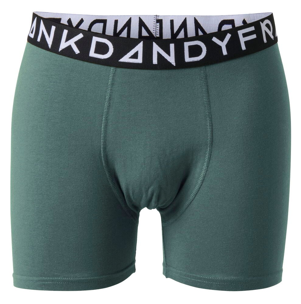 Edestäpäin, vihreät Frank Dandy bokserit mustalla vyötärönauhalla ja valkoisella tekstillä.