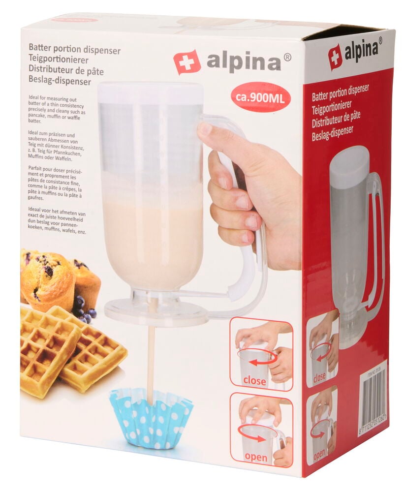 Smetfördelare Alpina 900 ml är en klar plastdispenser med vitt lock, handtag och avtryckare, häller smet.