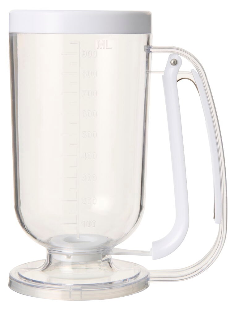 En transparent Smetfördelare Alpina 900 ml i plast med vitt lock, handtag och måttmarkeringar.