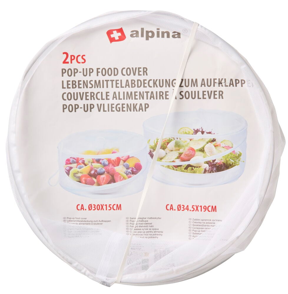 Pop-up matskydd Alpina 2-pack, vitt nät, plattvikt, olika storlekar, hålls ihop med gummiband.