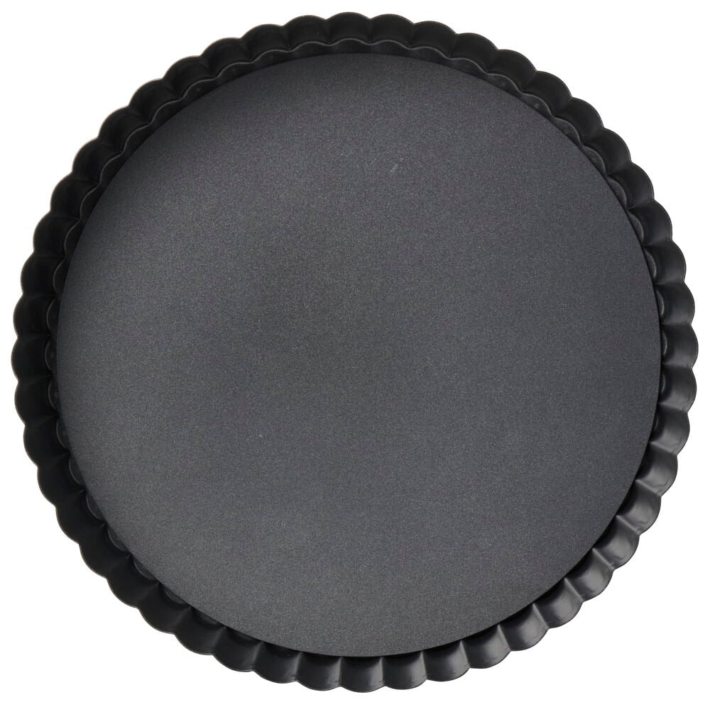 Dunkelgraue runde Tarteform Ø25 cm mit geriffeltem Rand und abnehmbarem Boden, Draufsicht.
