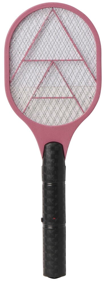 Elektrisk flugsmälla med rosa huvud, svart texturerat handtag och röd indikatorlampa.