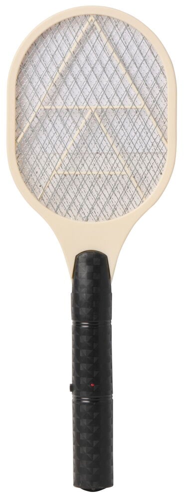 Beige elektrisk flugsmälla med svart texturerat handtag och röd indikatorlampa, framifrån.