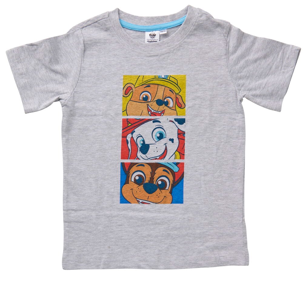 T-skjorte Barn, grå med et flerpanels grafisk trykk med tre Paw Patrol-karakterer, forfra.