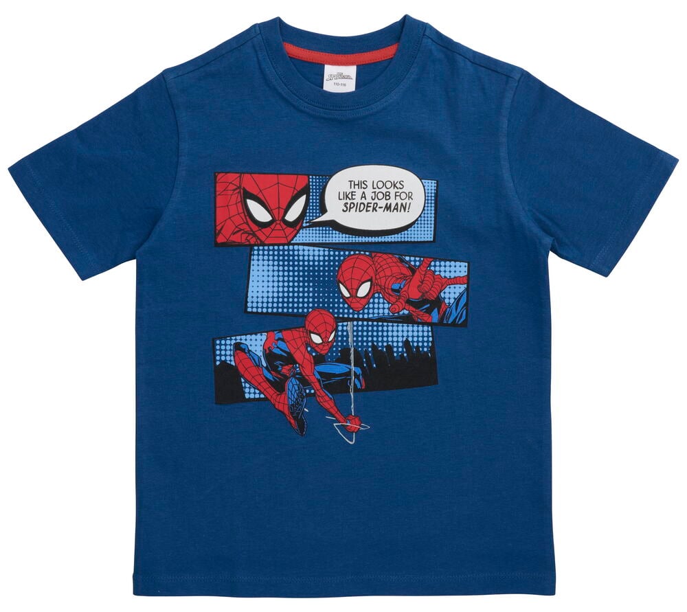 Blå T-skjorte Barn med korte ermer og Spiderman tegneserie-trykk foran.