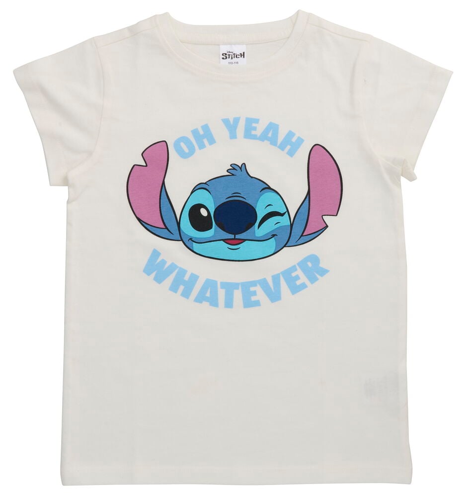 Frontvisning av en off-white T-skjorte Barn med blått Stitch-grafikk og teksten 'OH YEAH WHATEVER'.