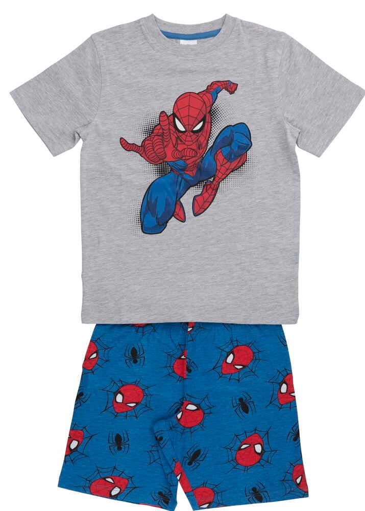 T-skjorte og shorts sett, barn: Grå t-skjorte med Spiderman-trykk, blå shorts med Spiderman-masker og edderkopper.