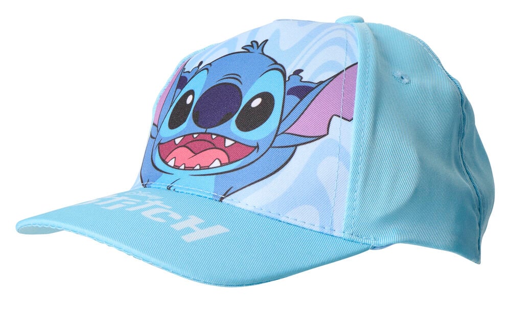 Lyseblå Caps, barn med stort trykk av figuren Stitch og teksten "STITCH" på skyggen.
