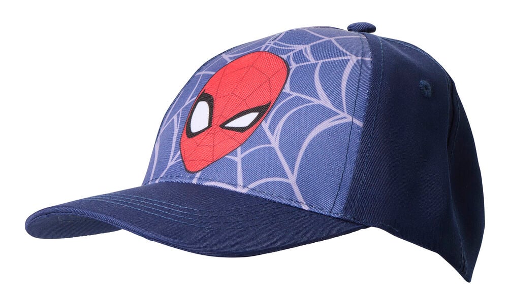 Caps, barn One size, en marineblå caps med rød Spiderman-maskgrafikk og blått spindelvevmønster.