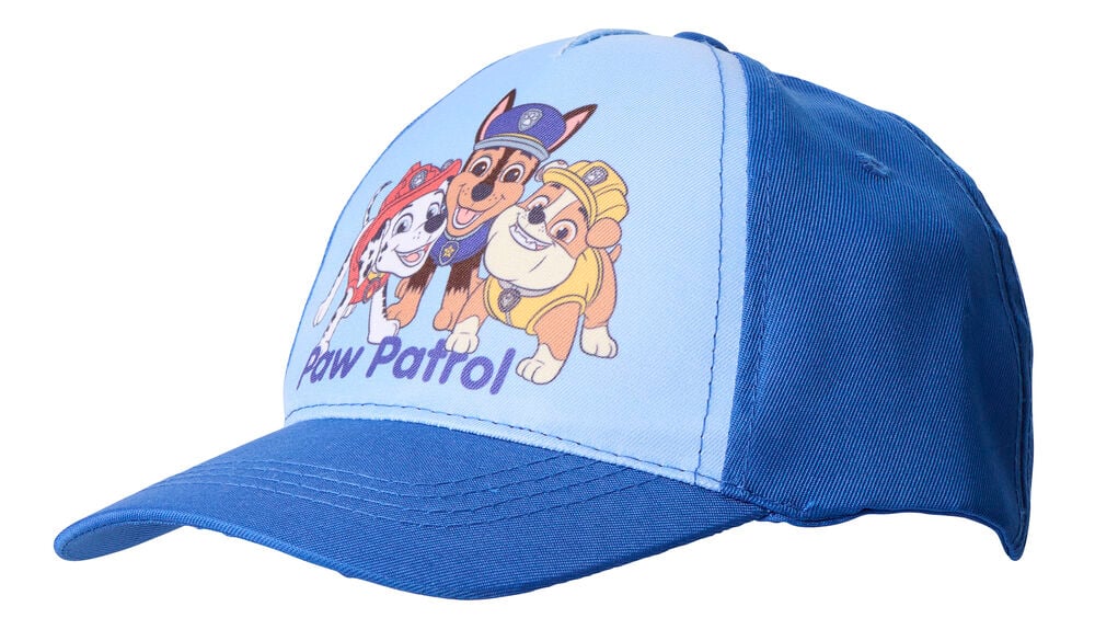 En blå og lyseblå Paw Patrol Caps, barn med figurtrykk på frontpanelet.