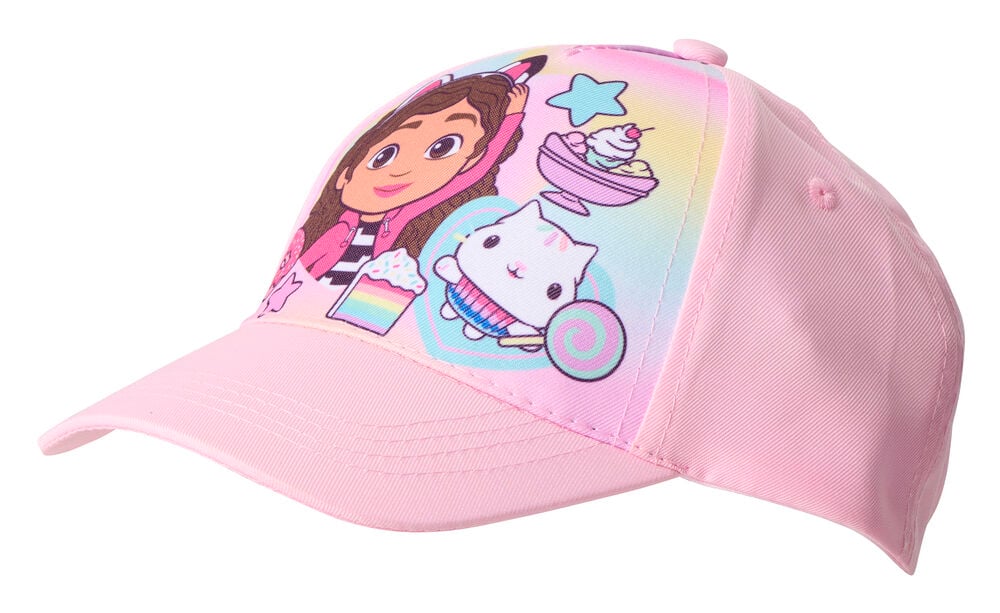 Rosa Caps, barn med et flerfarget tegneserietrykk av en jente, katt og søtsaker foran, sett fra siden.