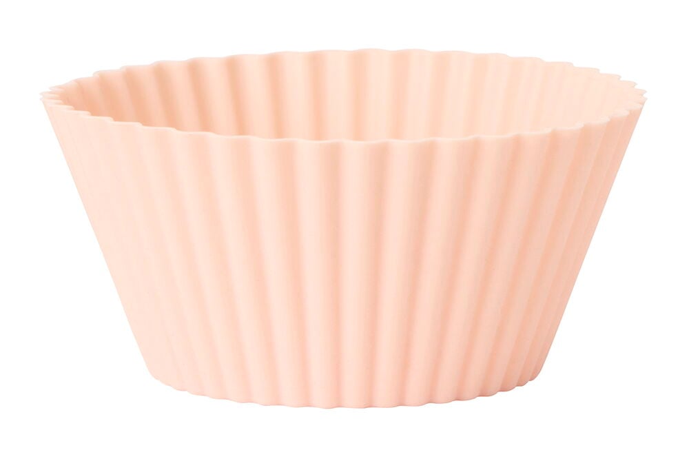 Vaaleanpunainen uurrettu silikoninen cupcake-vuoka.