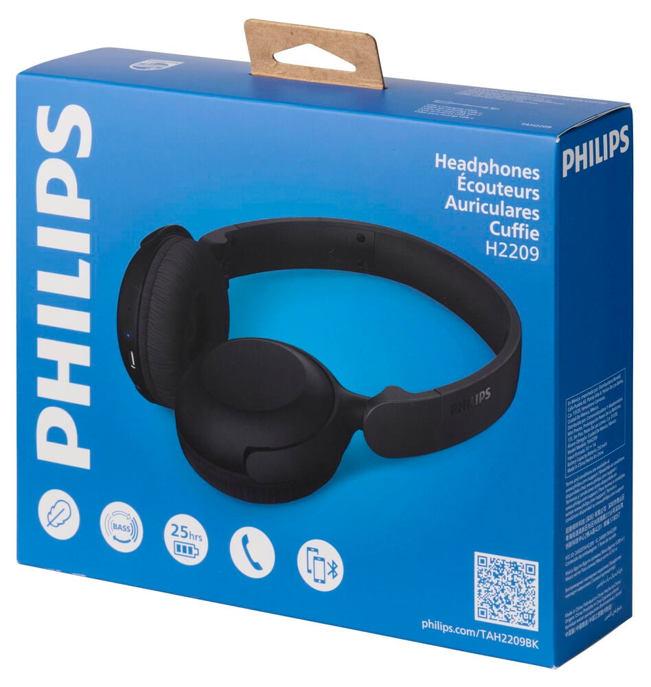 Schwarze Philips On-Ear kabellose Kopfhörer TAH2209BK/00 in blauer Einzelhandelsverpackung.
