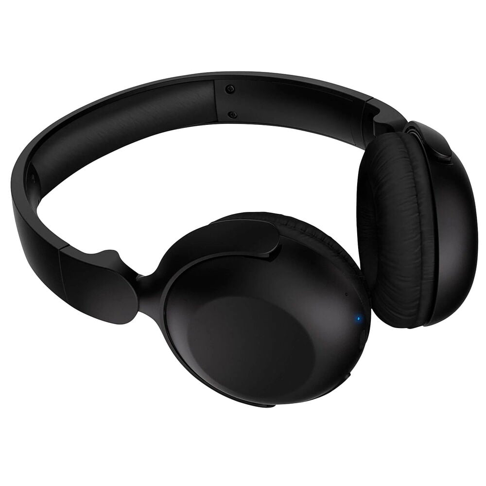 Schwarze On-Ear kabellose Kopfhörer mit einem blauen LED-Licht an der rechten Ohrmuschel.