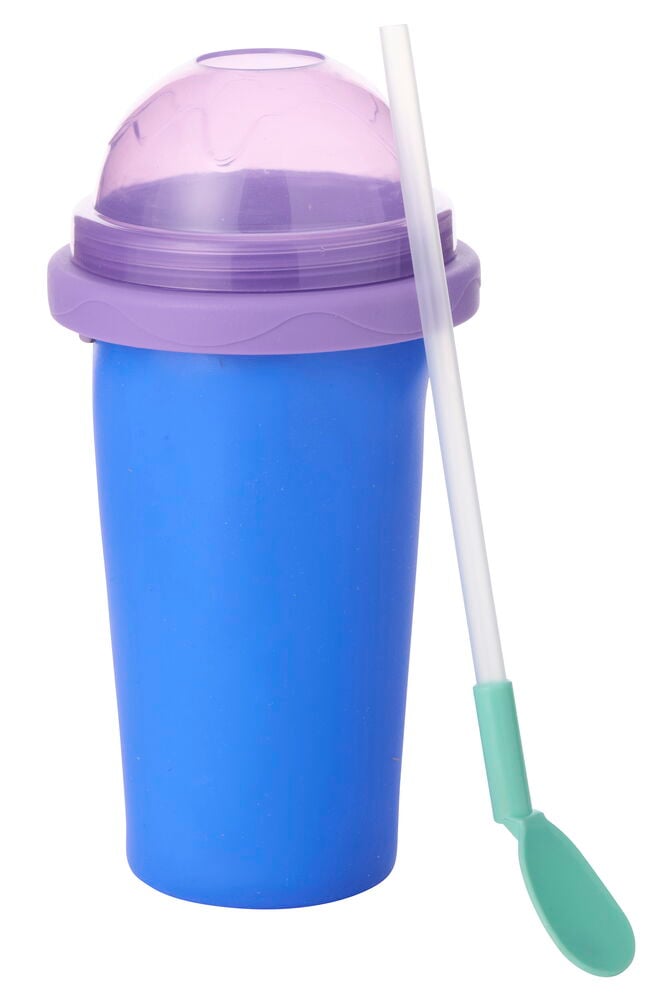 Blå Slushy Maker Mugg 300 ml med lila lock, genomskinlig rosa kupol, vit sugrör och mintgrön sked.