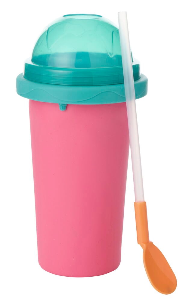 Rosa Slushy Maker Mugg 300 ml med turkos lock, klar kupoltopp och ett klart sugrör med orange sked.
