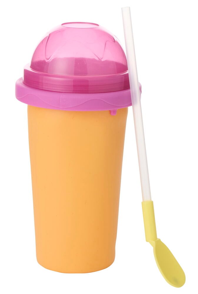 Slushy Maker Mugg 300 ml, orange bas, rosa kupollock, vit sugrör med gul sked.