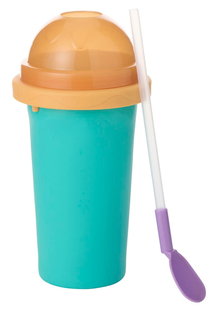 Slushy Maker Mugg 300 ml med turkos bas, orange kupolformat lock, klart sugrör och lila sked.