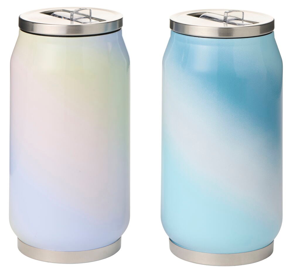 Zwei Farbverlauf pastell- und blaue Thermobecher Dose mit Strohhalm 280 ml, mit Silberdeckeln und Basen.