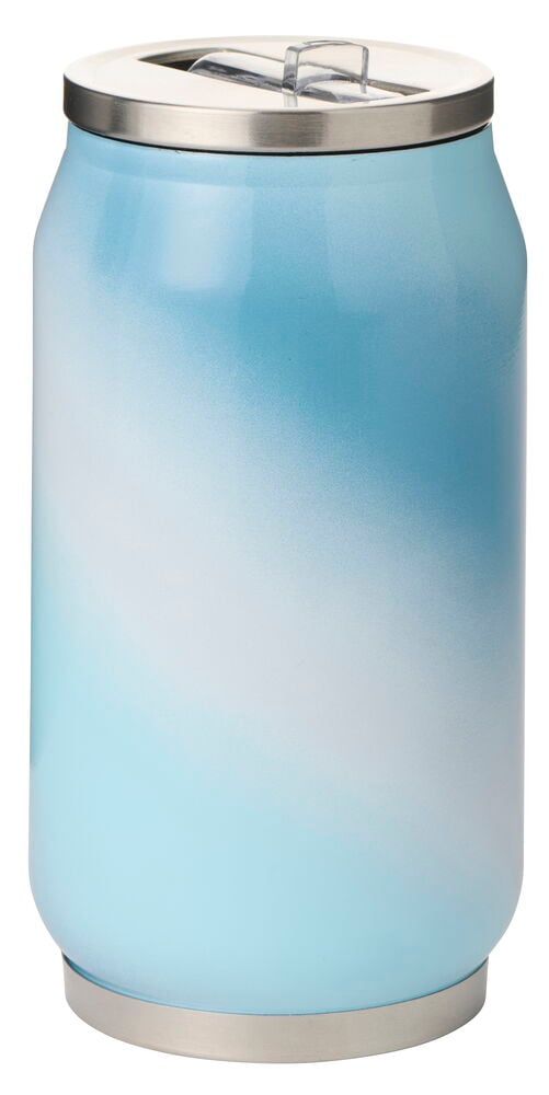 Thermobecher Dose mit Strohhalm 280 ml in hellblau-weißem Farbverlauf mit Silber oben und unten.
