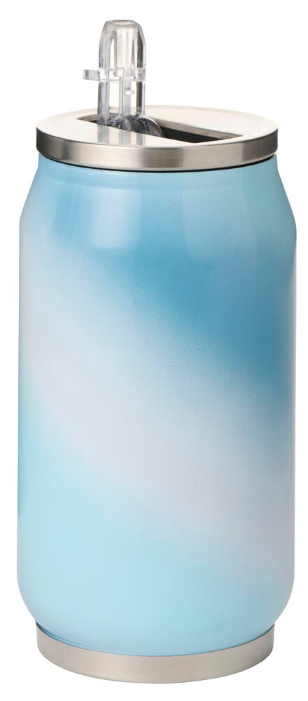 Thermobecher Dose mit Strohhalm 280 ml im blau-weißen Farbverlauf mit silbernem Deckel.