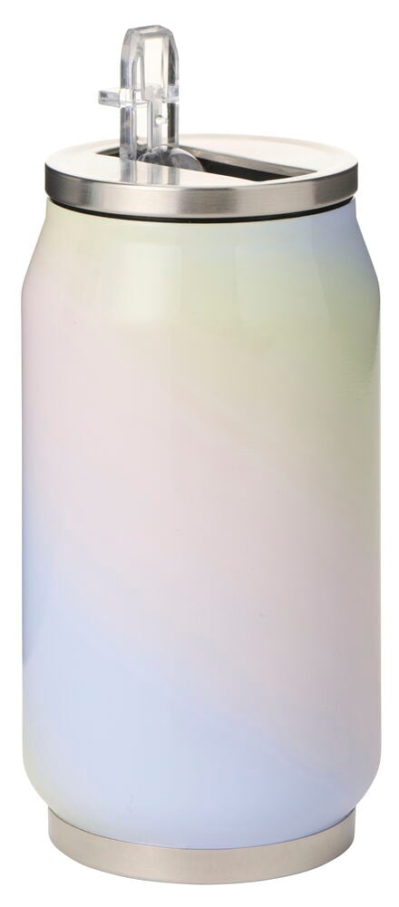 Thermobecher Dose mit Strohhalm 280 ml mit irisierendem grün, rosa, blau Ombre-Finish und silbernem Rand.