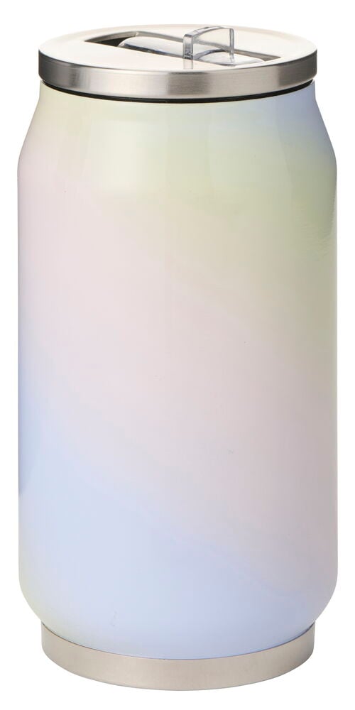 Iridescent Thermobecher Dose mit Strohhalm 280 ml, mit Metalldeckel und Boden, Vorderansicht.