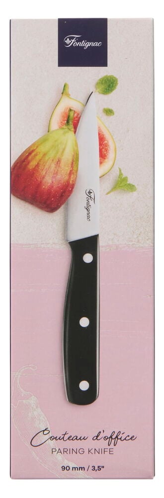 Skrellekniv Fontignac 9 cm med hvitt blad og svart håndtak med tre hvite nagler.