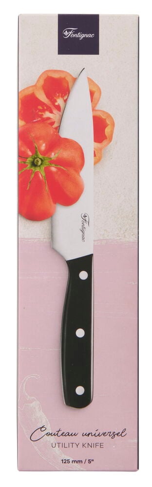 Universalkniv Fontignac 12,5 cm med sølvfarget blad og svart håndtak med hvite nagler.