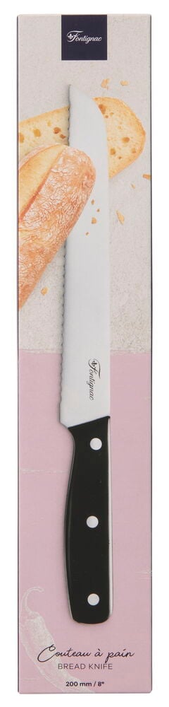 En Fontignac 20 cm brødkniv med taggete hvitt blad og svart håndtak, vist i emballasje med brødillustrasjoner.