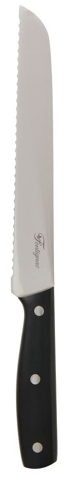 En Fontignac 20 cm brødkniv med sølvfarget tagget blad og svart håndtak med tre sølvnagler.