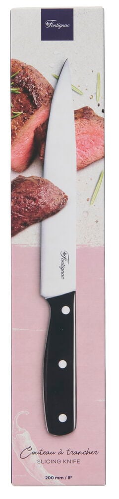 Allkniv Fontignac 20 cm med svart håndtak og sølvfarget blad, presenteres i emballasje.