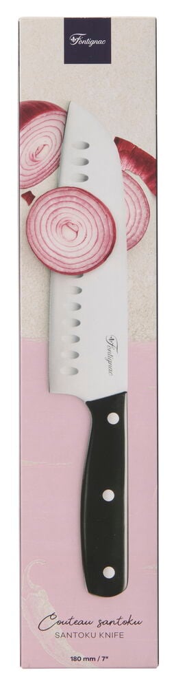Santoku-kniv Fontignac 18 cm med hvitt blad og svart håndtak, vist i detaljhandelsforpakningen.